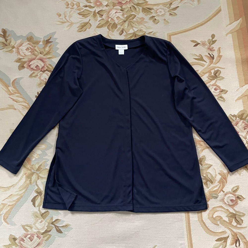 Deep, navy black hidden button-down blouse by Susan Graver XL